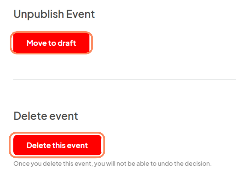 an image showing how to unpublish an event or delete an event from the settings page