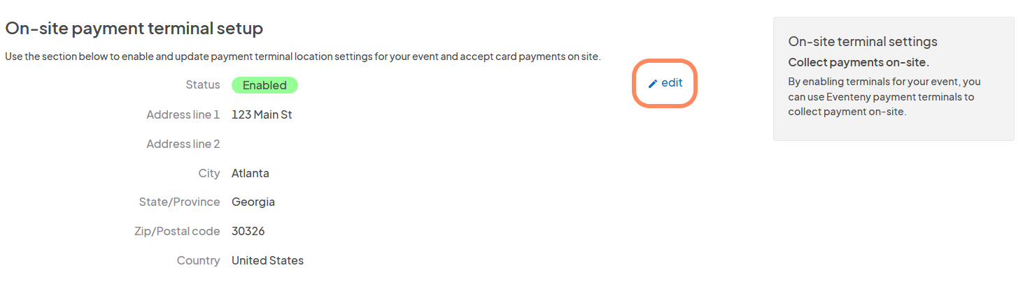 an image showing where to update the address for the set up of an onsite payment terminal