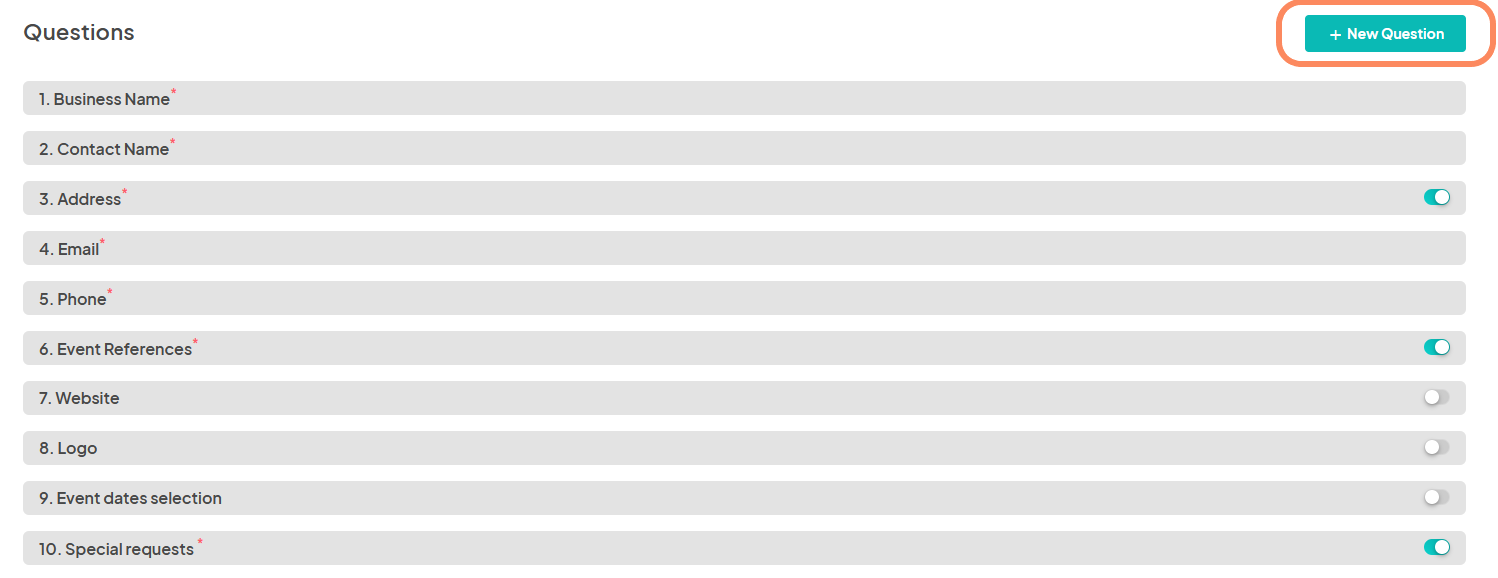 A list of questions for the vendor application, with fields such as 'Business Name,' 'Contact Name,' 'Address,' and 'Email,' all marked as required, and a button labeled '+ New Question' highlighted in the top-right corner.