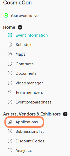 Sidebar of the Eventeny platform showing event details for 'CosmicCon', with 'Applications' under 'Artists, Vendors & Exhibitors' highlighted.