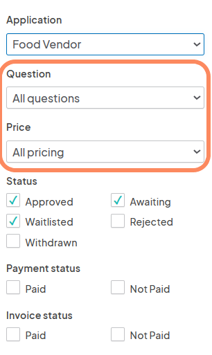 Filter dropdowns showing options to filter by 'Application', 'Question', and 'Price' on the Eventeny platform.