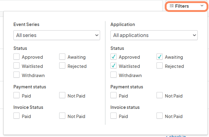 Filter options in Eventeny for selecting event series, application status, payment status, and invoice status.