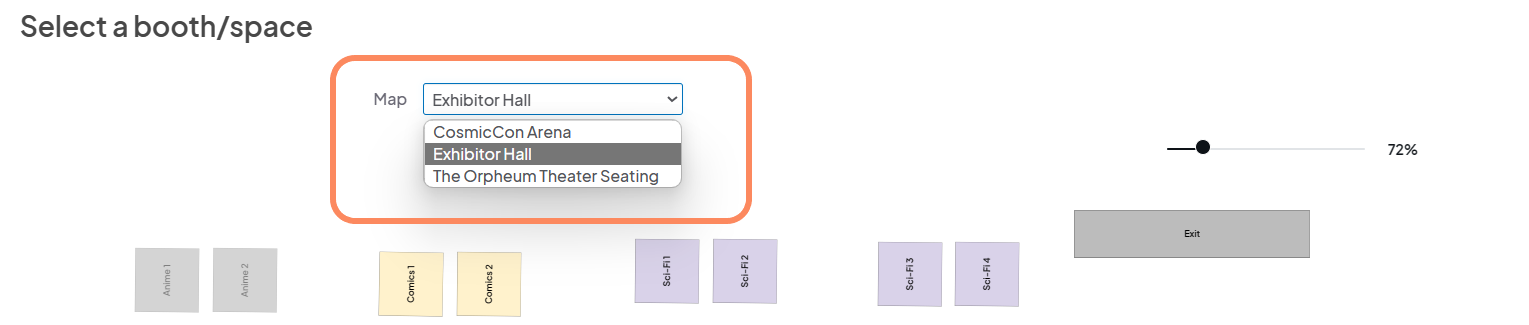 an image showing users a modal to select the map they would like to assign booths to.