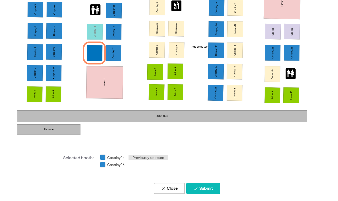  an image showing users a map with booths. There is an orange circle around a booth that is filled with color and no words indicating that it has been selected.