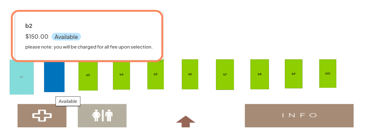 an image showing users a modal that appears when selecting a booth that has a price attached and the availability of the booth.