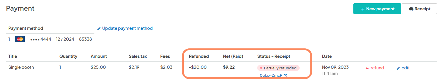 Payment list showing details for a single booth. The total amount is $25.00, and $20.00 has been refunded, leaving a net payment of $9.22. The status shows 'Partially refunded'.