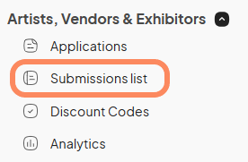 Submissions list on the Eventeny platform under 'Artists, Vendors & Exhibitors', with the option highlighted.