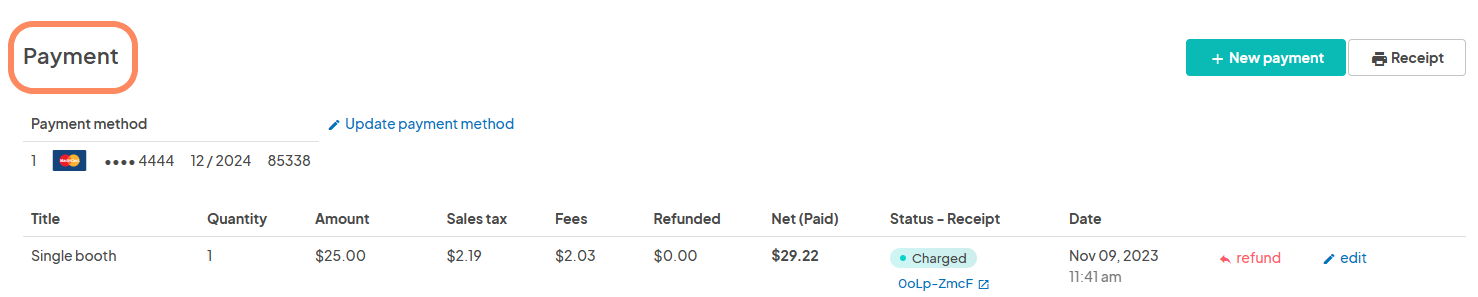 Payment section for a single booth showing title, quantity, amount, and other payment details. The 'Payment' heading is highlighted.