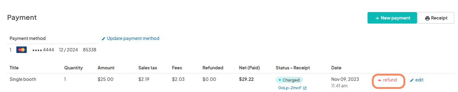 Payment section showing a refund option highlighted next to the payment details.