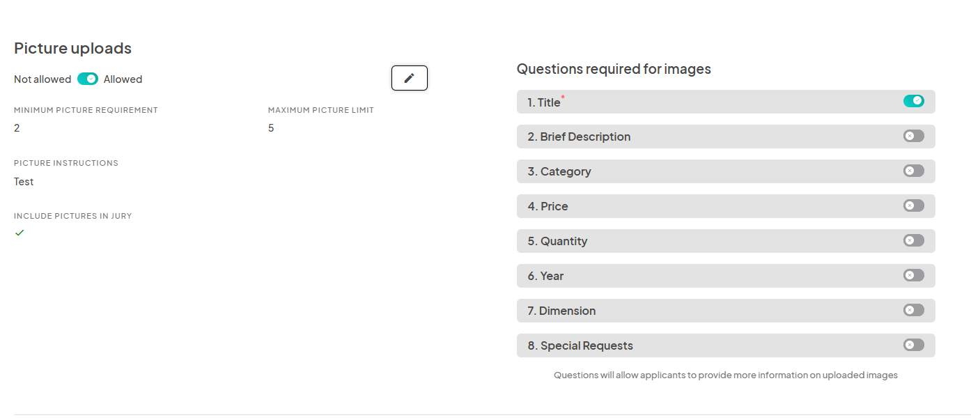 A configuration page on the Eventeny platform for Picture uploads, displaying options like minimum and maximum picture requirements, picture instructions, and a list of questions required for images. The toggle for Allowed is on, and fields such as Title and Brief Description are displayed for required questions.