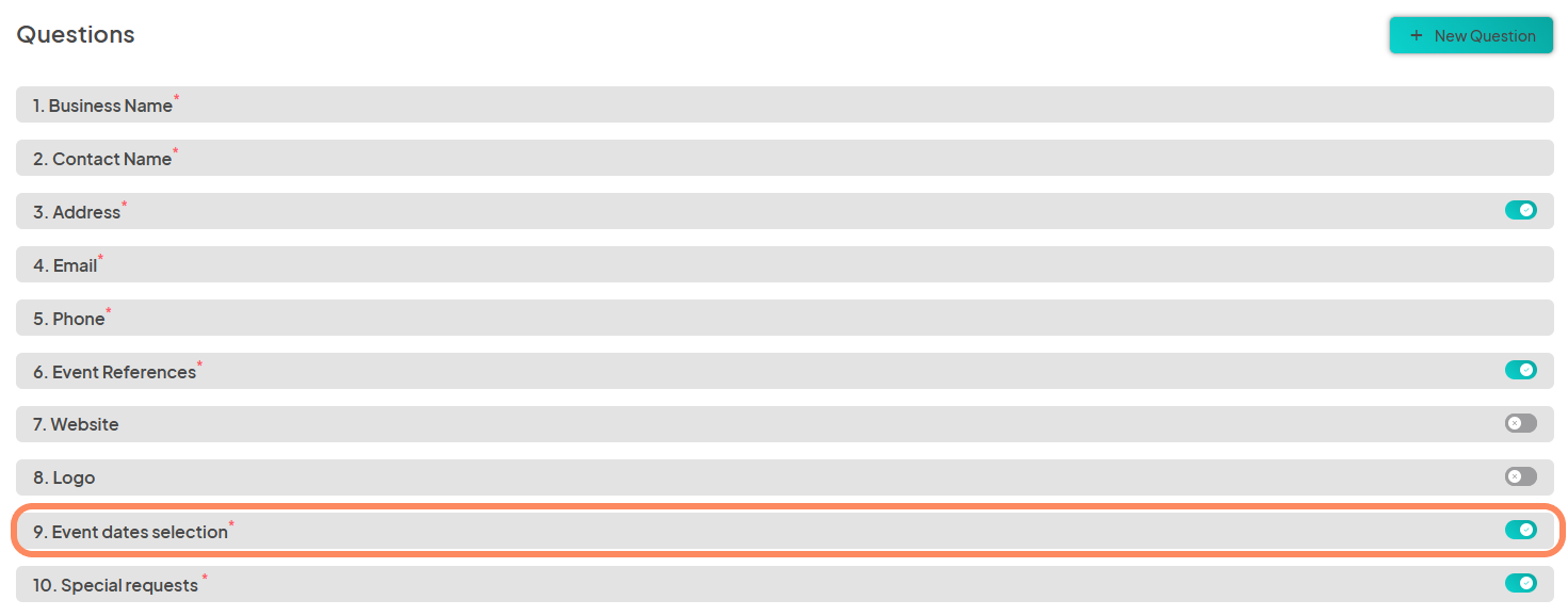 The detailed question list within an application form. The ninth question, 'Event dates selection', is highlighted. Other questions include 'Business Name', 'Contact Name', 'Address', and 'Phone'.
