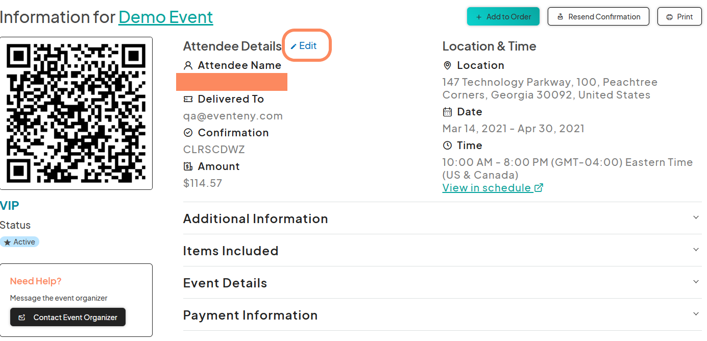 an image showing users purchased tickets on the ticket confirmation page with the 'edit' button highlighted with an orange circle.