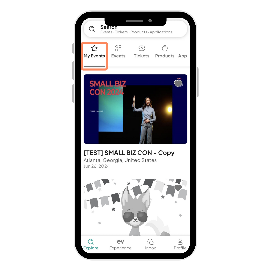 A mobile phone screen displaying the Eventeny app. The 'My Events' tab is highlighted in orange at the top left. Below, an event is displayed titled '[TEST] SMALL BIZ CON - Copy,' happening in Atlanta, Georgia, United States, on June 26, 2024. A banner image of a woman speaking at a conference is visible, along with an animated fox mascot wearing sunglasses at the bottom of the screen. Navigation icons for Explore, Experience, Inbox, and Profile are located at the bottom of the screen.