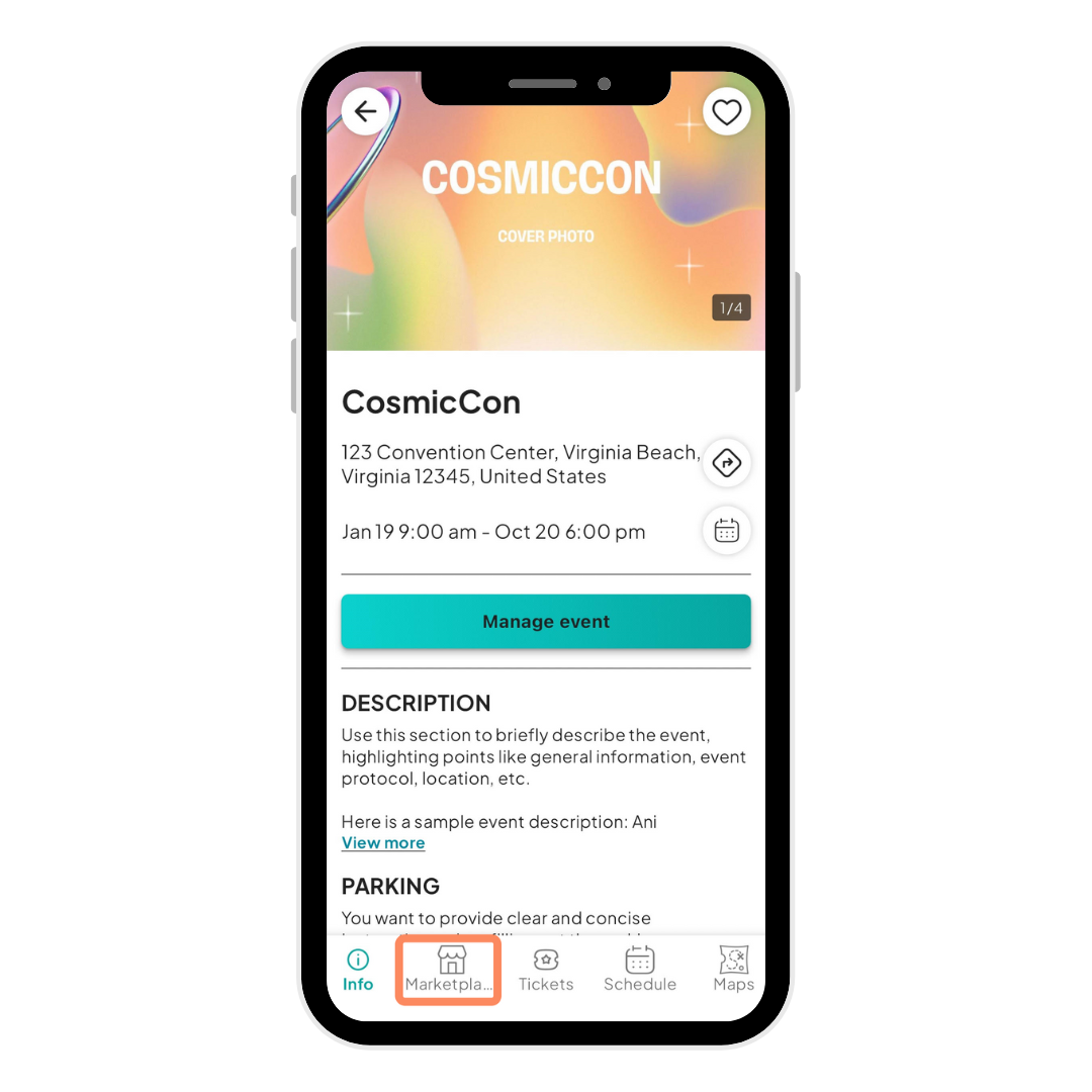 A mobile screen showing the 'My Events' tab highlighted, displaying an event titled '[TEST] SMALL BIZ CON - Copy,' held in Atlanta, Georgia on June 26, 2024.