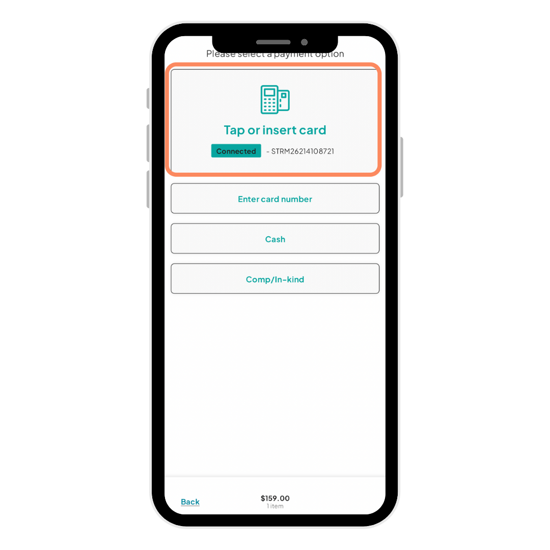 A mobile screen displaying payment options, including 'Tap or insert card,' 'Scan QR Code,' 'Enter card number,' 'Cash,' and 'Comp/In-kind.'
