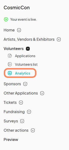 A screenshot of the Eventeny app homepage, designed for event management. The top section features a green banner with the text 'CosmicCon' and a checkbox indicating the event is live. Below the banner lies a navigation menu with icons for essential event functions like 'Home,' 'Artists, Vendors & Exhibitors,' 'Volunteers,' 'Applications,' 'Sponsors,' 'Tickets,' 'Fundraising,' 'Surveys,' and 'Other.'
The most prominent section, 'Analytics,' is highlighted in blue text and surrounded by an orange circle indicating this is the page to click on. 