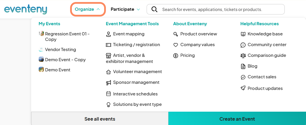 Screenshot of Eventeny's homepage with a central search bar for searching events, applications, tickets, or products. The Eventeny logo in blue and white sits above the search bar. To its right, navigation links in dark gray font include 'Organize' and 'Participate.'There is an orange circle around the 'Organize' tab.