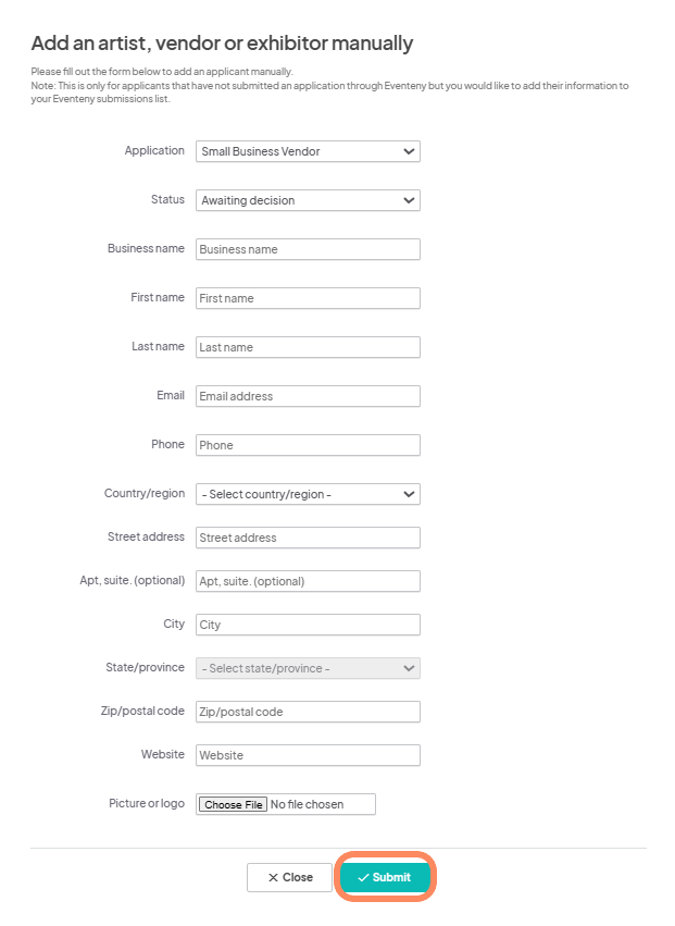 Screenshot displaying the manual artist, vendor, or exhibitor addition form on Eventeny's webpage for event planning. The form is titled 'Add an artist, vendor, or exhibitor manually' and includes a note stating its purpose for adding applicants not submitted through Eventeny.Below the note is a table for entering applicant information, including Application Type (dropdown menu), Status (labeled 'Awaiting decision'), Business Name, First Name, Last Name, Email Address, Phone, Country/Region (dropdown menu), Street Address, Apt/Suite (optional), City, State/Province (dropdown menu), Zip/Postal Code, Website (optional), and Picture or Logo upload button (optional).