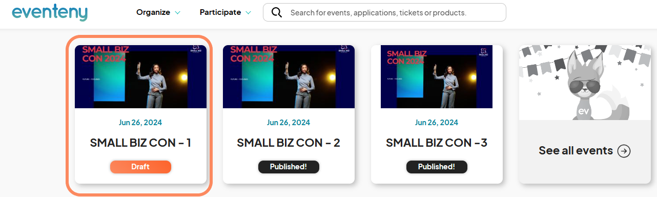 an image showing users where to click to get to their event dashboard and where to look to see if their event is in draft or published mode