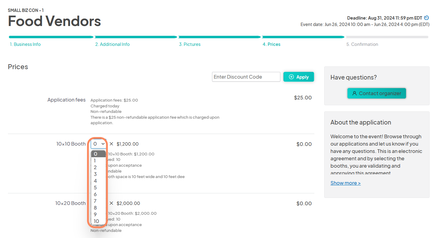 an image showing users the application pricing page where they can make their selections for the day of the event