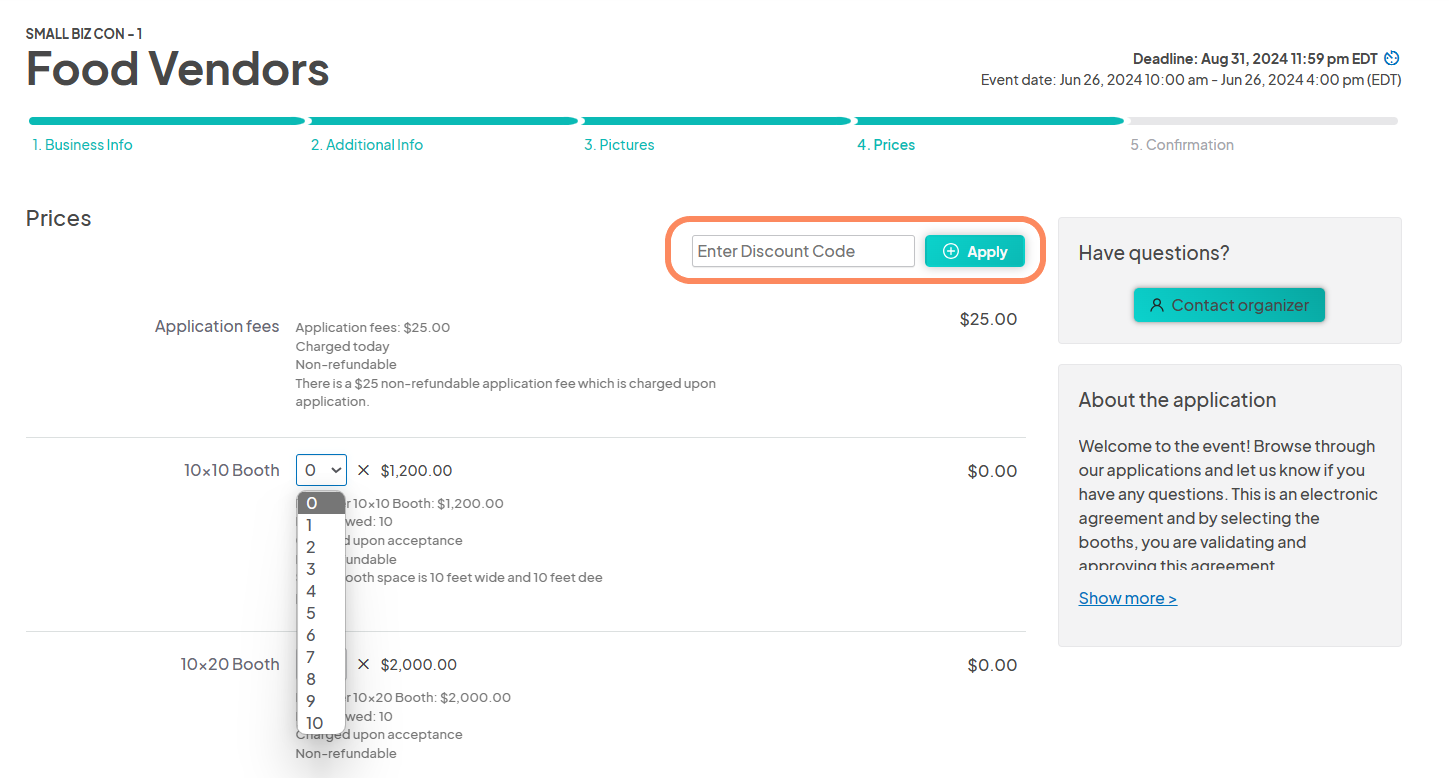an image showing where to input the discount code on the application