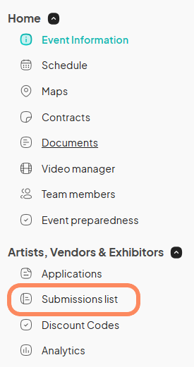 an image showing to click on the Artist, Vendors, and exhibitors tab and then to click on the Submissions list button.