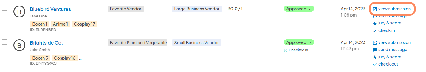 an image showing where to click to open a submission. There is an orange square around the 'view submissions' button.