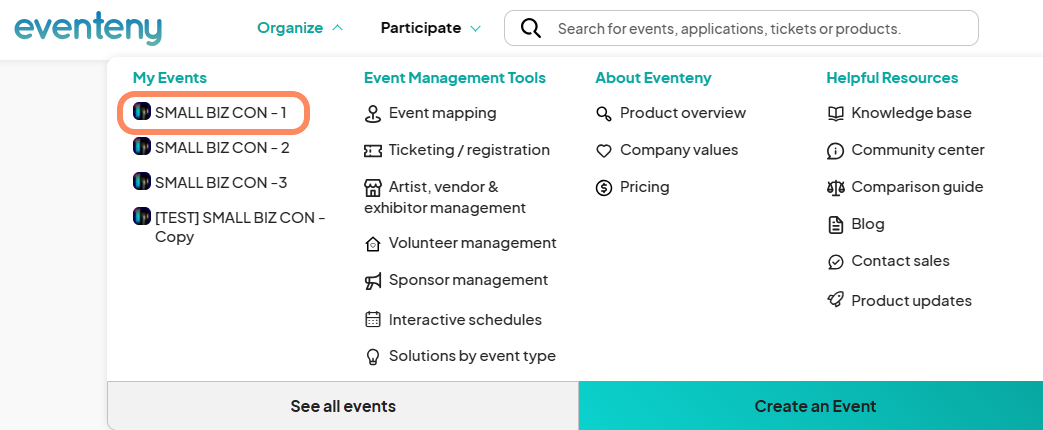 an image showing to select the organize tab at the top of the eventeny home page to select the event you want to manage.