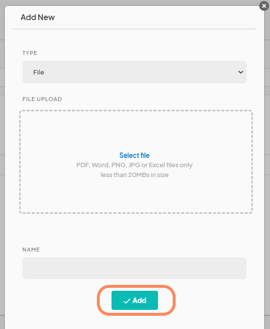 An image illustrating the process of adding a file, with an orange circle highlighting the 'Add' button. This button is crucial for finalizing your upload.