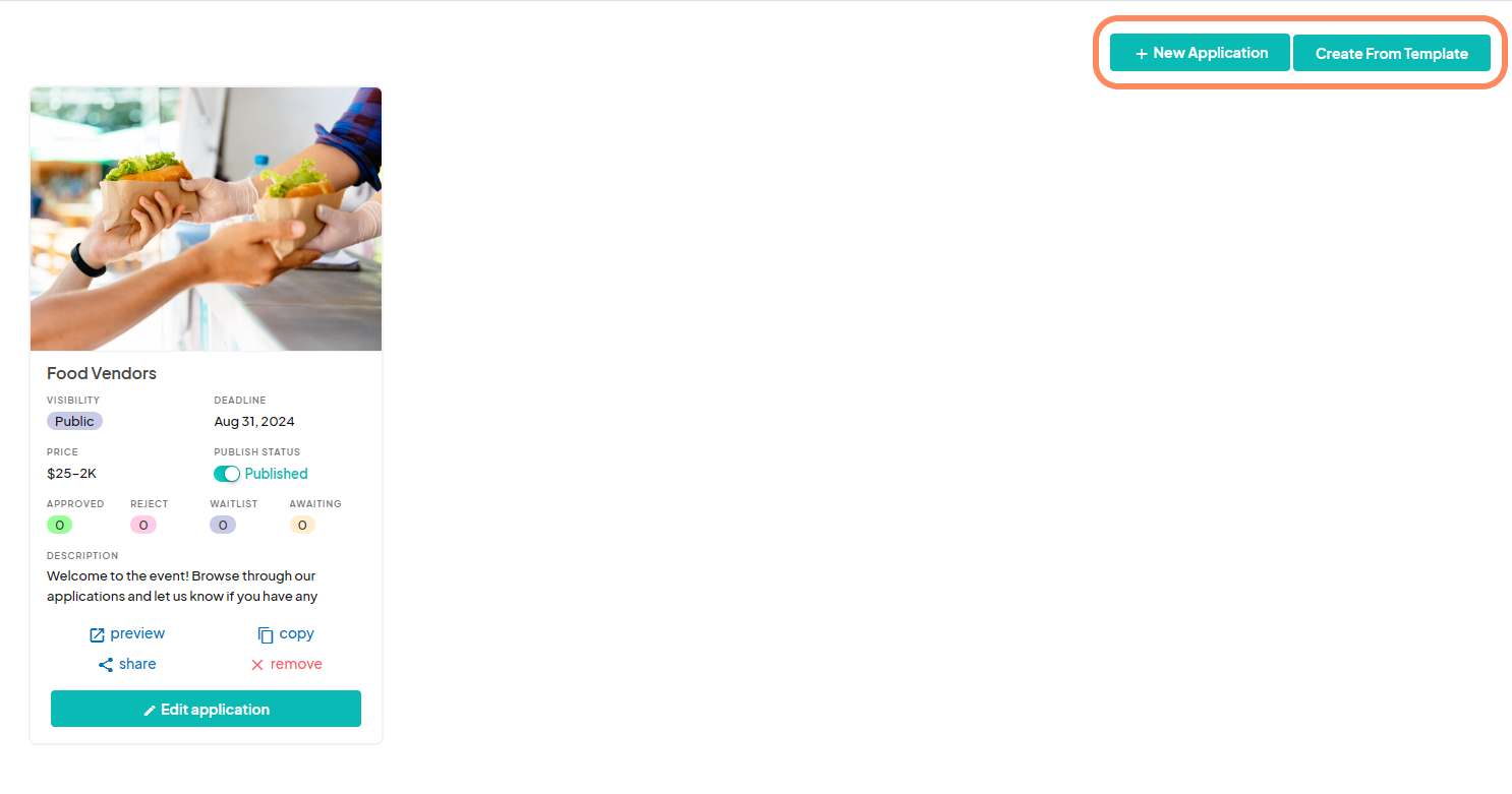 An image illustrating the process of selecting an application to upload a document to. An orange circle surrounds the 'New application' button, indicating its location for creating a new application if one hasn't been previously created.