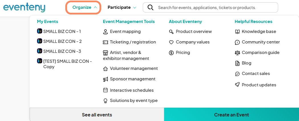 An image highlighting the location of the 'Organize' tab, with an orange circle indicating its position. Clicking this tab reveals a dropdown menu displaying events associated with your account.