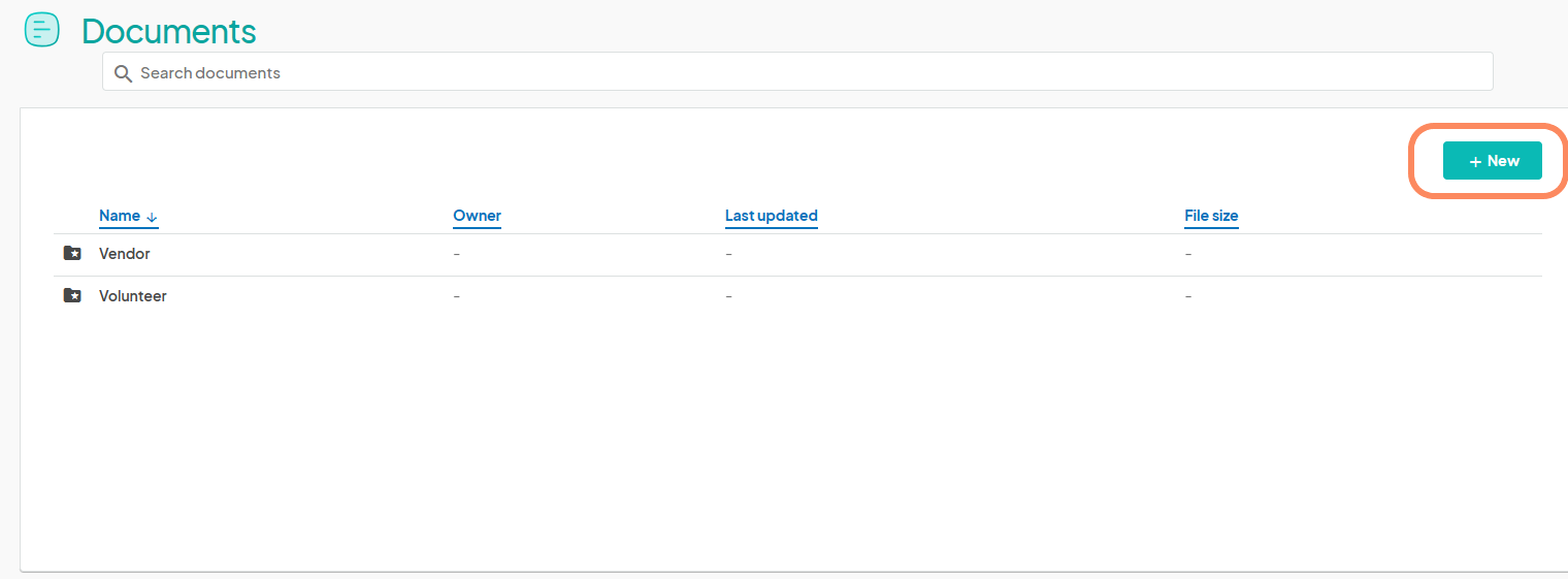 An image indicating the process of uploading a new document while creating an application for vendors. The 'New' option is encircled in orange, denoting its location for initiating the upload.
