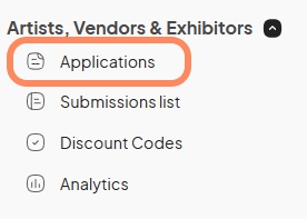 An image displaying the various sections within your account for adding documents related to vendors, sponsors, or volunteers. An orange circle highlights the 'Applications' dropdown option tab, which serves as the entry point for adding documents.