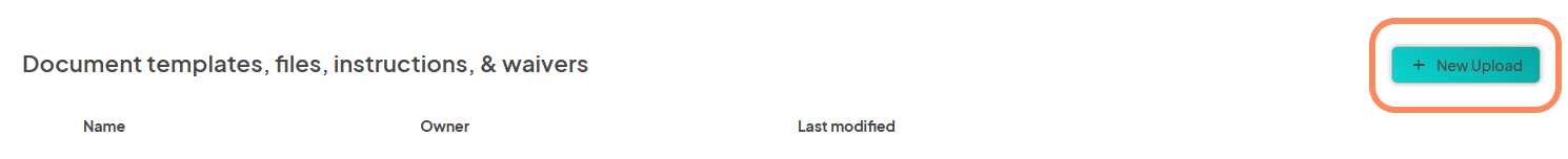 An image guiding users to scroll down to the Documents section of the application. The 'New Upload' button is highlighted with an orange circle, signaling its location for initiating a new document upload within the application.