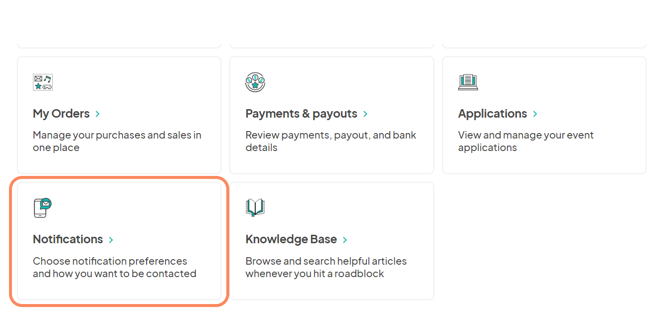 The image shows a user interface displaying a grid of options related to account management, each option housed within its own card. The options are: My Orders, Payments & payouts, Applications, Notifications, and Knowledge Base. Each card features an icon relevant to its function and a brief description. The Notifications option is highlighted with an orange outline, suggesting it is currently selected or being emphasized. The interface is designed with a clean, modern aesthetic, using light colors and simple icons to convey the options clearly.