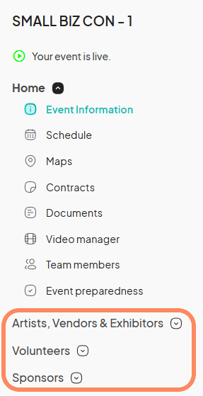 An image showing a list of tabs with an orange circle around 'Artist, Vendors, & Exhibitors,' 'Sponsors,' and 'Volunteers,' highlighting the options for copying applications from one event to another.