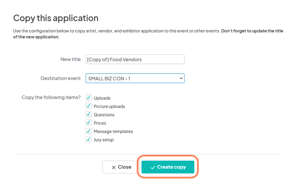  An image displaying the copy application page with various options, and an orange circle highlighting the 'Create Copy' button at the bottom.