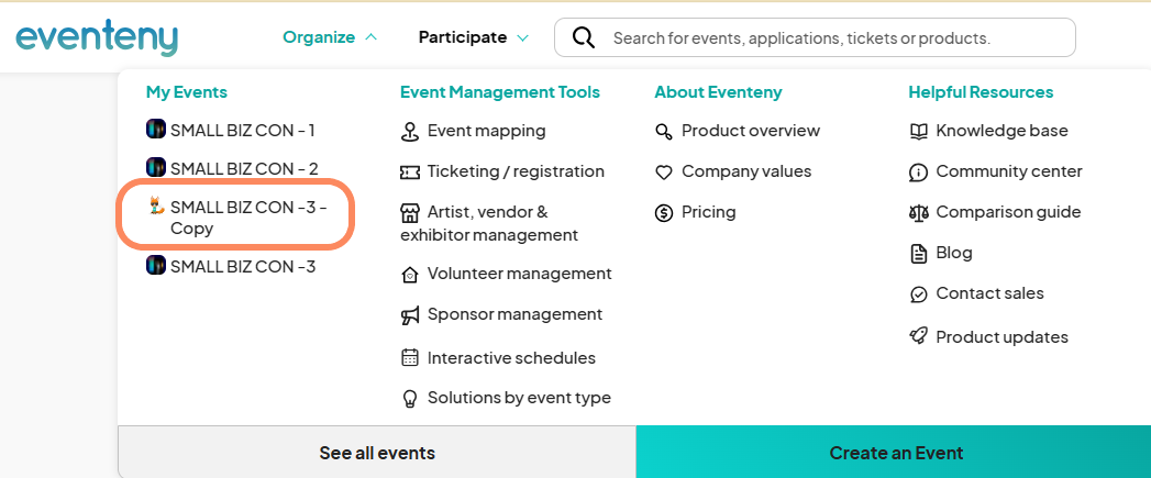 an image showing users where their copied event now resides under the my events tab from before.