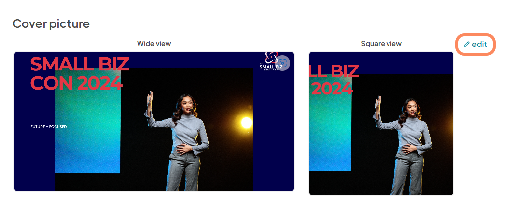 An image showing where to edit or include a cover picture for the event with an orange circle around the 'edit' button.