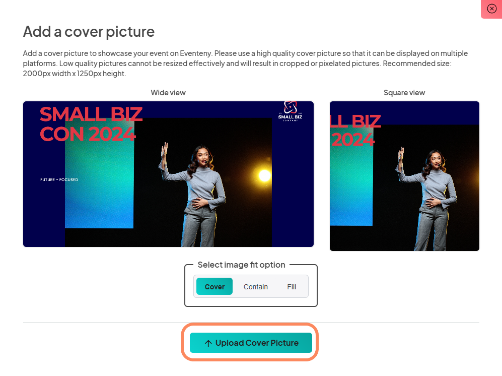 an image showing users to click the upload cover picture button to upload a picture from their computer for the cover photo.