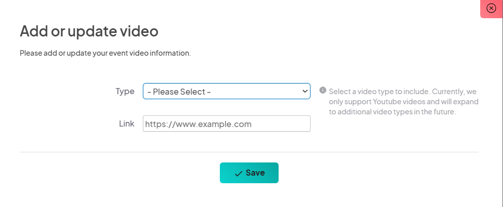 an image showing the Youtube type and link window with a save button.