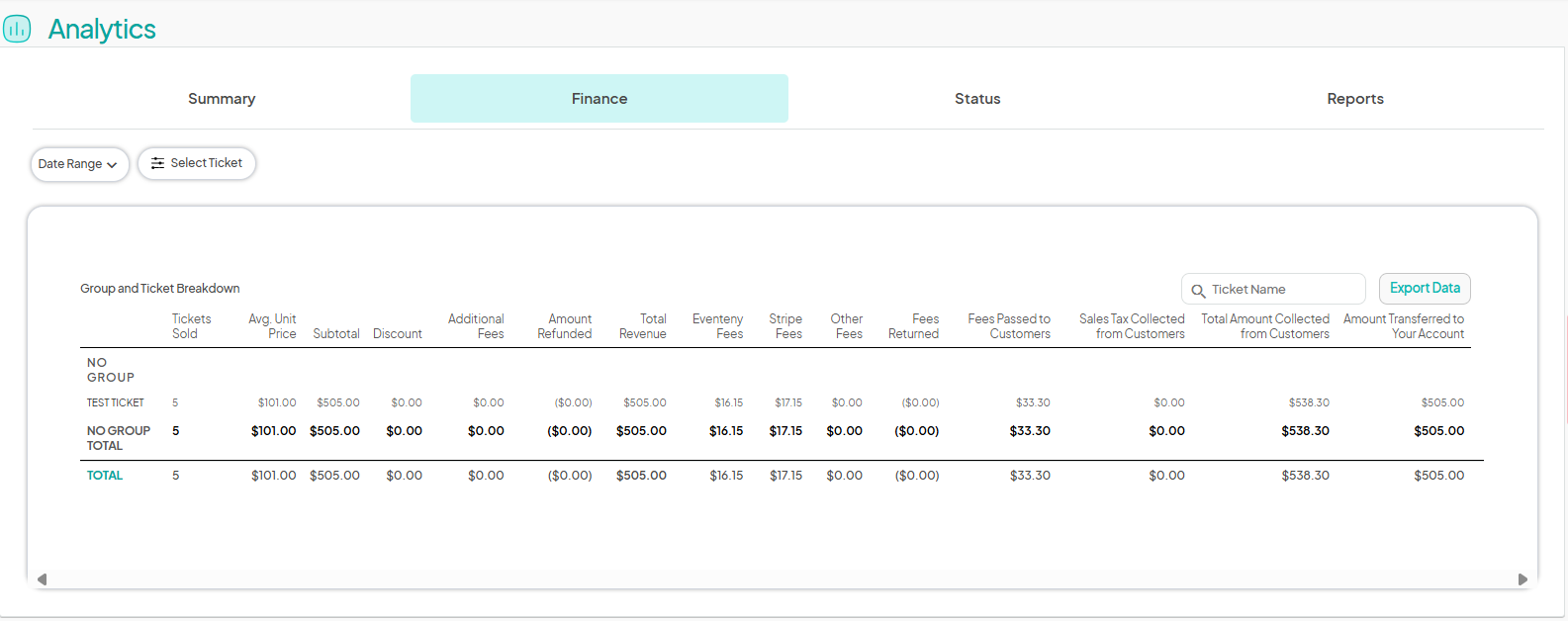 an image showing users the finance and discount codes section of the ticket analytics page with a variety of features highlighted.