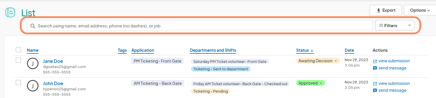 an image showing users the top of the volunteer list page where they can use the search bar or filters.