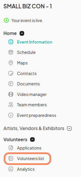 an image showing users the event dashboard with the volunteers list option highlighted with an orange circle.