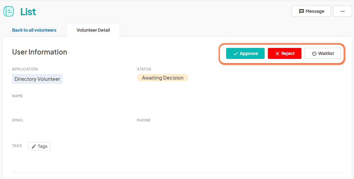 an image showing users the submission page with the status buttons, 'Approve', 'Withdraw', and 'Waitlist'buttons are highlighted on the top right.