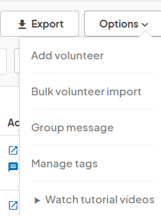 an image showing users the export and options buttons at the top right corner of the volunteer list page