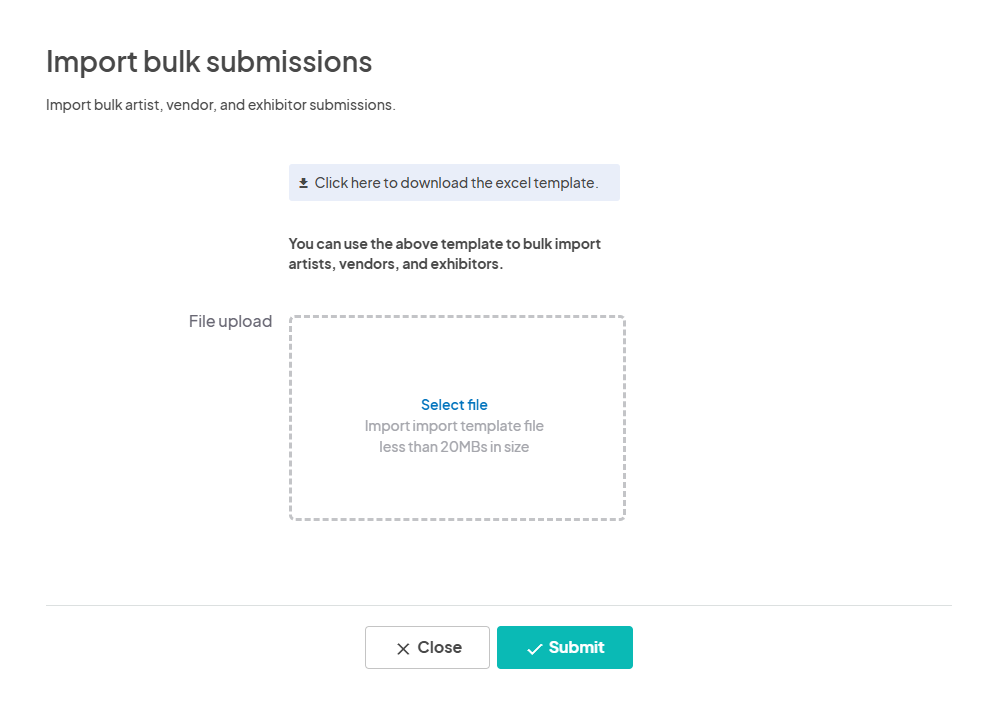 an image showing users the modal to upload an excel template by clicking on the 'Bulk Submission Import' button under the 'Options' menu.