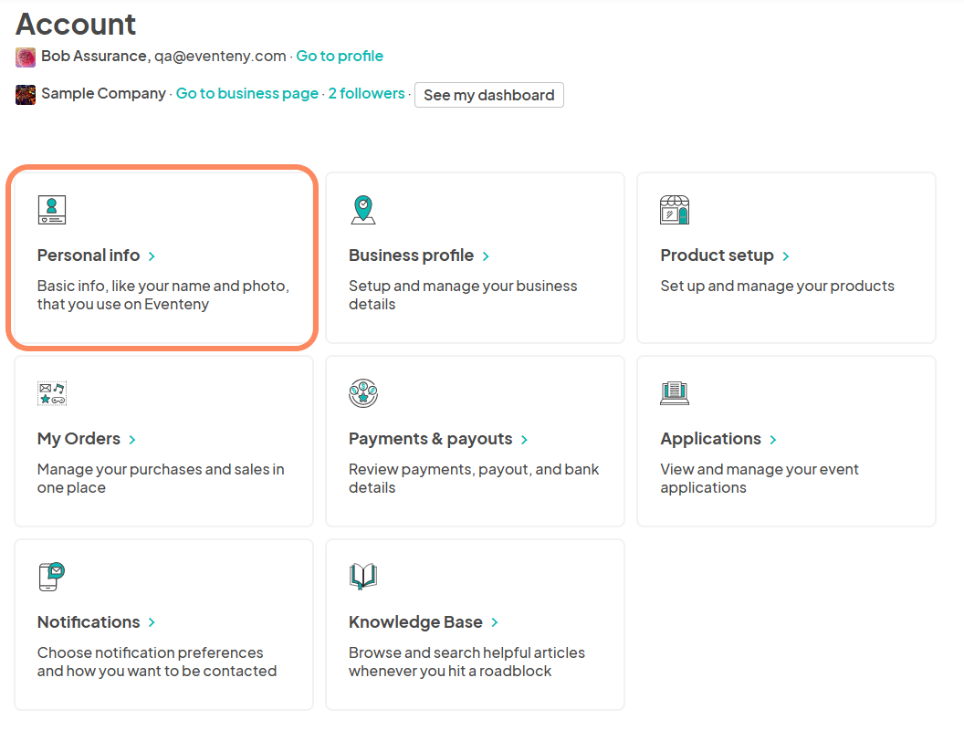 an image showing users the account settings page with an orange circle around the 'Personal info' button.