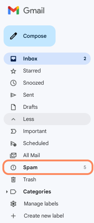 an image showing users where to locate their spam folder in their email inbox.