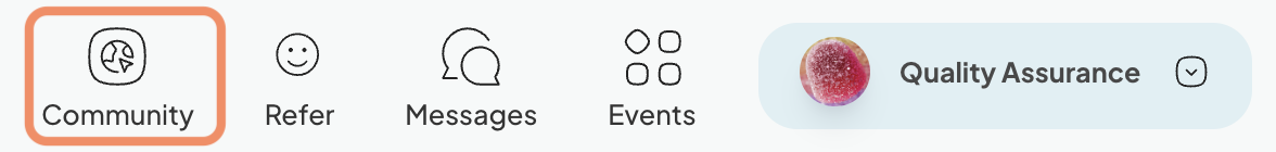 A screenshot of a navigation bar showing several options: 'Community' (highlighted with an orange border), 'Refer,' 'Messages,' and 'Events.' On the right side, there is a profile icon with a circular image of a red, frosted object next to the text 